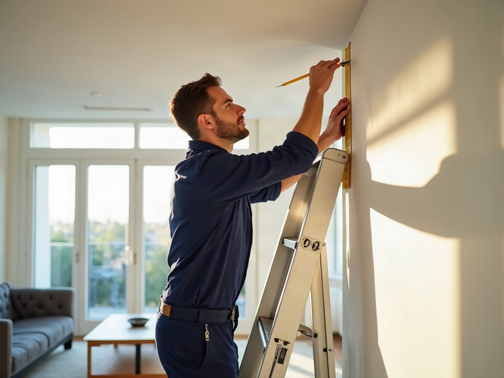 A licensed electrician marking ceiling locations for recessed lighting installation existing ceiling in a modern Scottsdale home with warm afternoon light