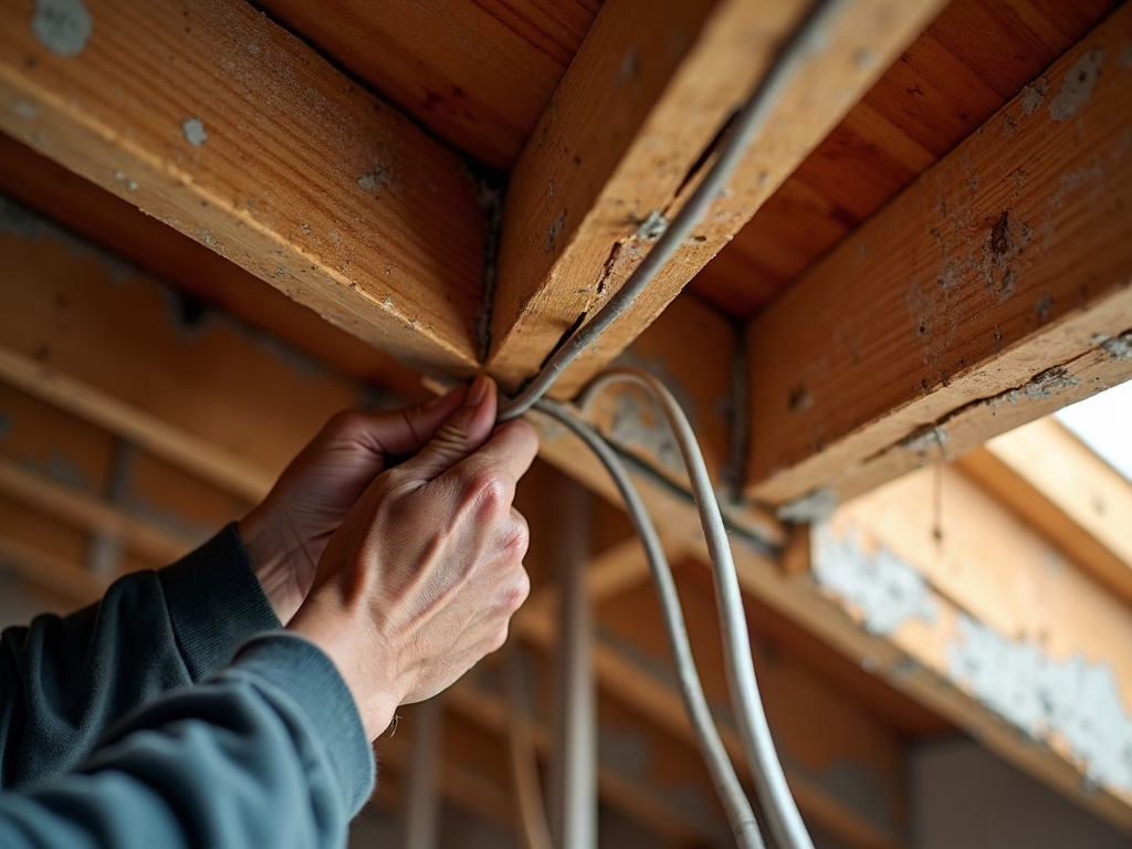A licensed electrician marking ceiling locations for recessed lighting installation existing ceiling in a modern Scottsdale home with warm afternoon light