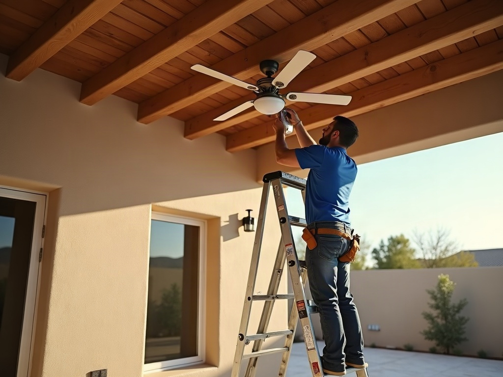 A licensed electrician completing an outdoor ceiling fan installation on a covered patio, connecting wiring to a weatherproof ceiling box in warm afternoon light.