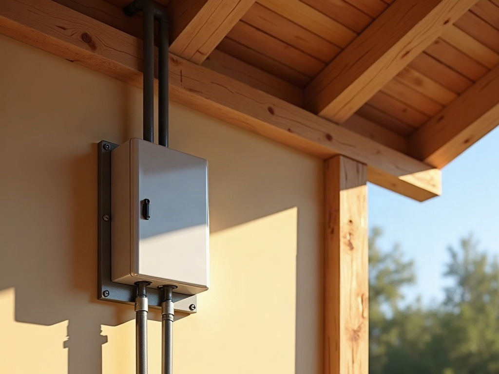 A licensed electrician completing an outdoor ceiling fan installation on a covered patio, connecting wiring to a weatherproof ceiling box in warm afternoon light.
