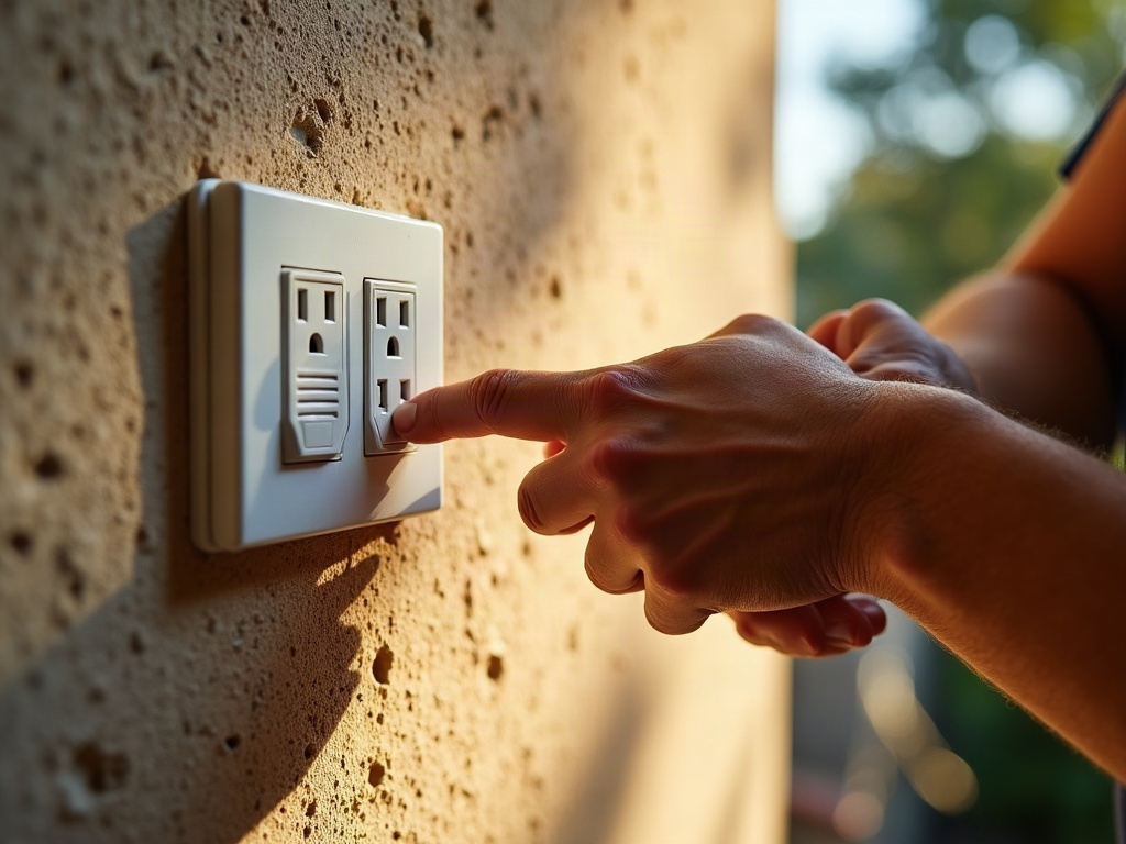 A licensed electrician completing an outdoor ceiling fan installation on a covered patio, connecting wiring to a weatherproof ceiling box in warm afternoon light.