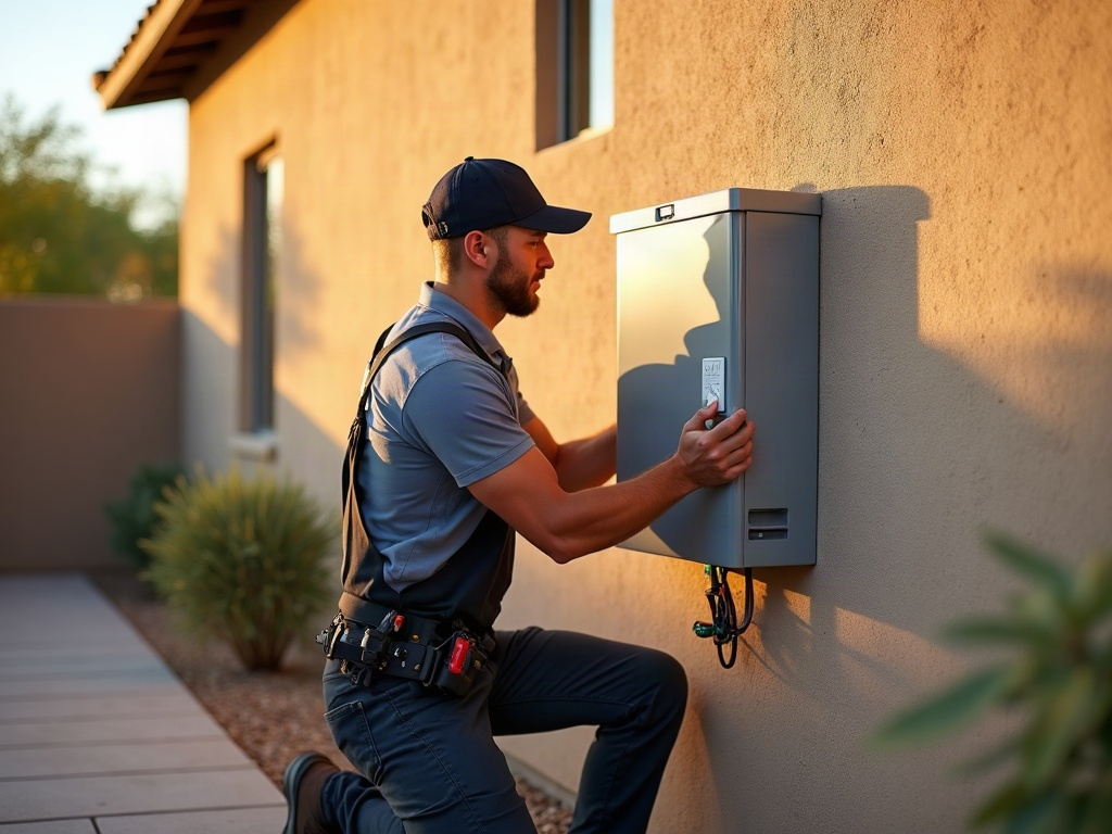 Licensed electrician installing low voltage deck lighting wiring on a modern Scottsdale home's back patio in warm afternoon light