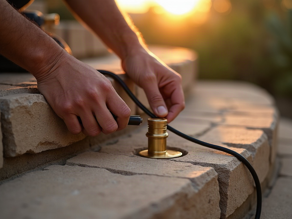 Licensed electrician installing low voltage deck lighting wiring on a modern Scottsdale home's back patio in warm afternoon light