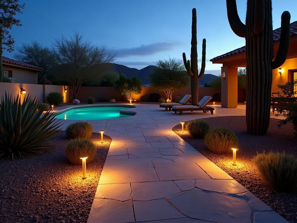 Licensed electrician installing low voltage deck lighting wiring on a modern Scottsdale home's back patio in warm afternoon light