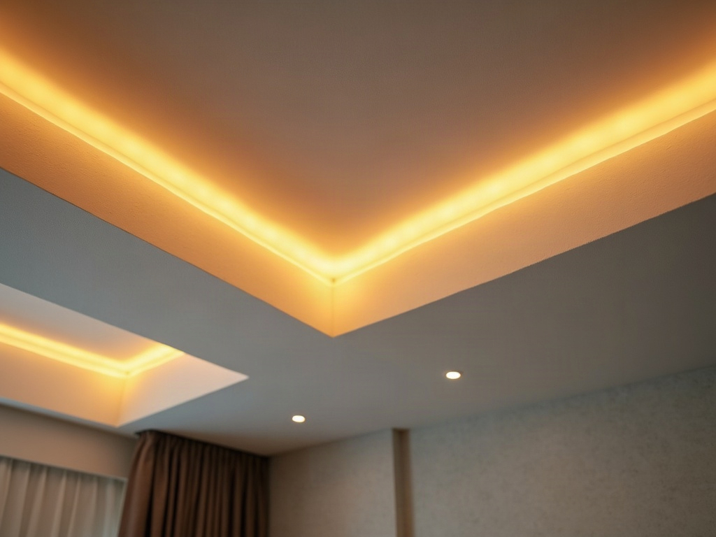 A licensed electrician routing wire for accent lighting installation in a tray ceiling inside a high-end Scottsdale home