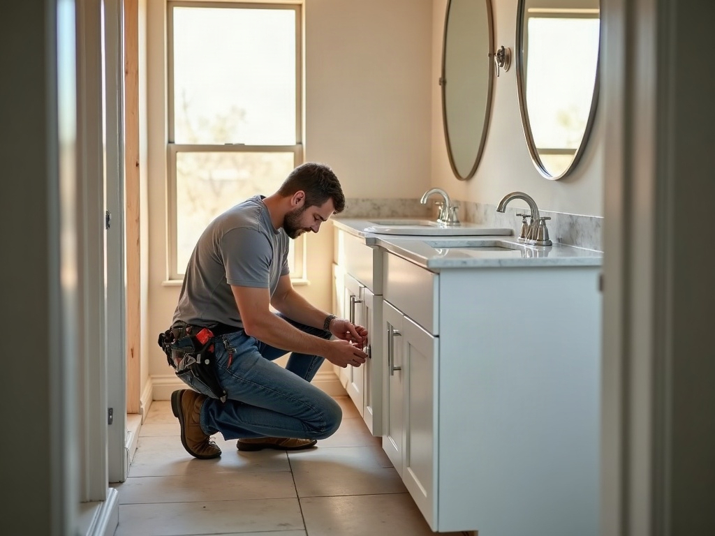 Under-Cabinet and Mirror Lighting: The Electrical Details That Make or Break the Look A licensed electrician performing a mirror with lighting electrical hookup during a high-end bathroom remodel, routing wiring behind a vanity wall with LED mirror fixtures staged on the counter