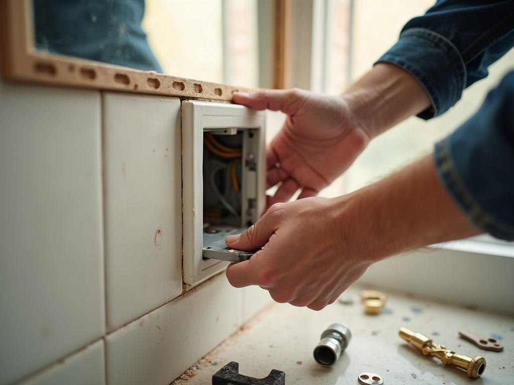 Under-Cabinet and Mirror Lighting: The Electrical Details That Make or Break the Look A licensed electrician performing a mirror with lighting electrical hookup during a high-end bathroom remodel, routing wiring behind a vanity wall with LED mirror fixtures staged on the counter