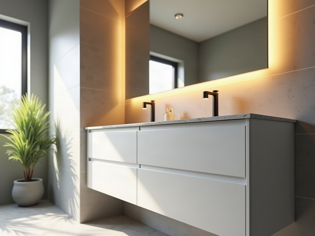Under-Cabinet and Mirror Lighting: The Electrical Details That Make or Break the Look A licensed electrician performing a mirror with lighting electrical hookup during a high-end bathroom remodel, routing wiring behind a vanity wall with LED mirror fixtures staged on the counter