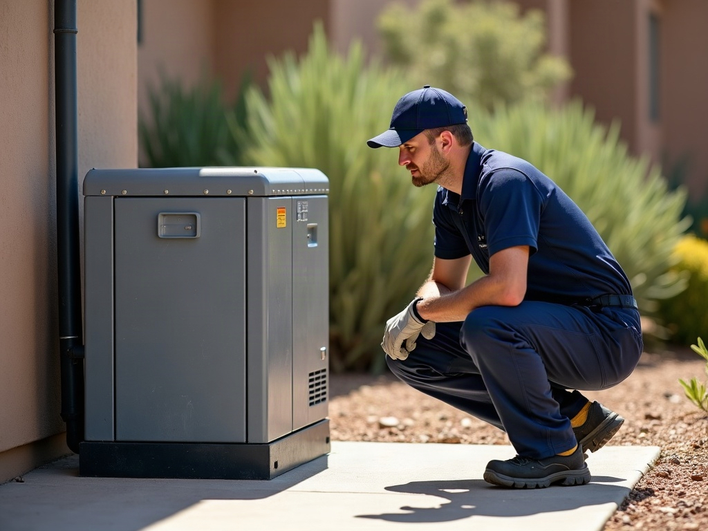 What Size Generator Do You Actually Need to Power a Whole House in Arizona? A licensed electrician assessing what size generator for whole house coverage is needed beside a stucco Arizona home, with desert landscaping and a standby unit on a concrete pad