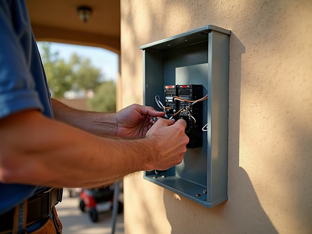 A licensed electrician assessing what size generator for whole house coverage is needed beside a stucco Arizona home, with desert landscaping and a standby unit on a concrete pad