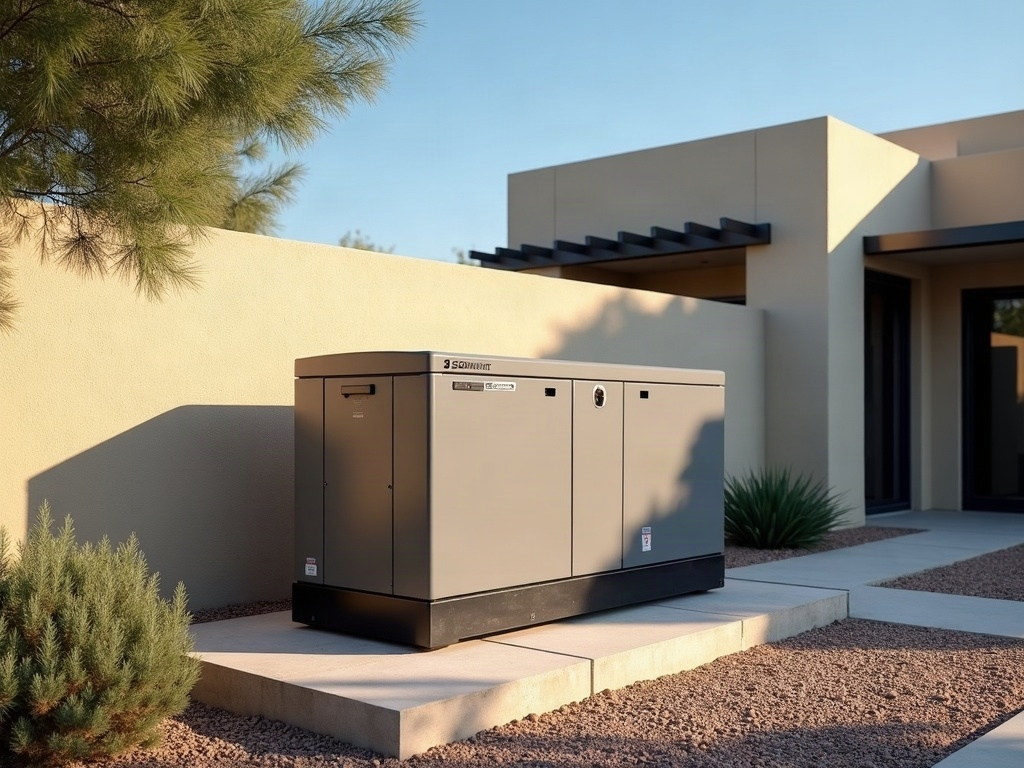 A licensed electrician assessing what size generator for whole house coverage is needed beside a stucco Arizona home, with desert landscaping and a standby unit on a concrete pad