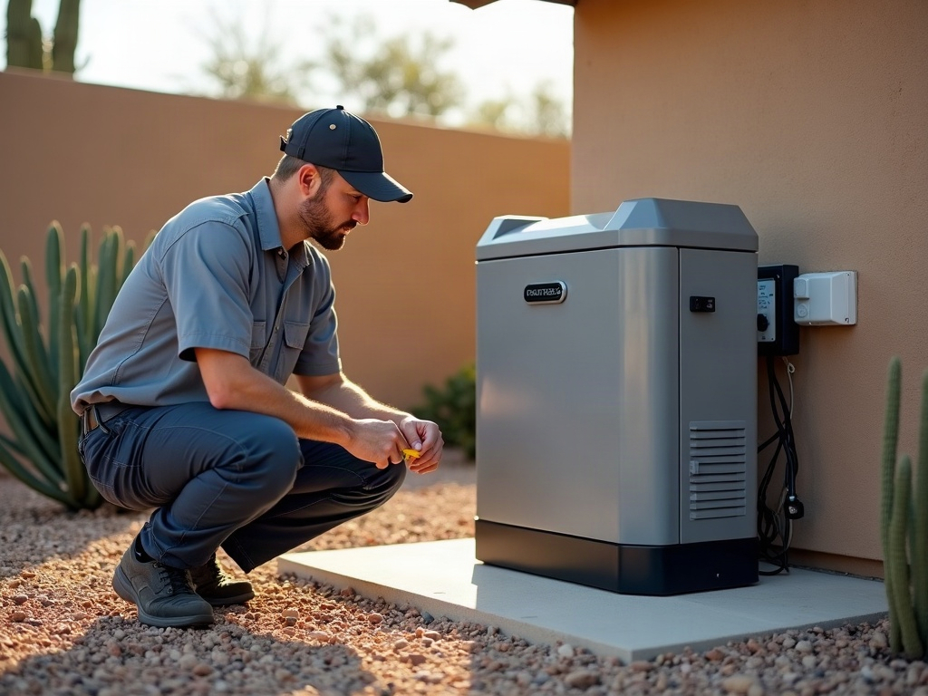 What a Generac Generator Cost Installed in the Phoenix Area Really Looks Like A licensed electrician inspecting a Generac generator cost installed setup on a concrete pad beside a Scottsdale stucco home with desert landscaping.
