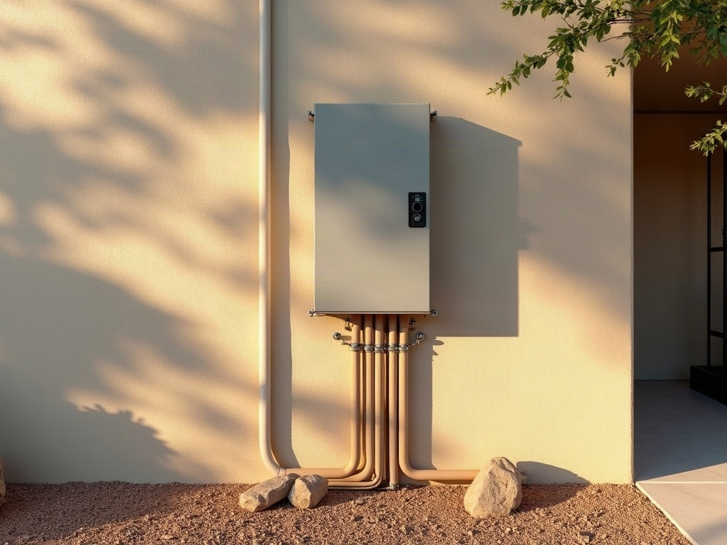 A licensed electrician inspecting a Generac generator cost installed setup on a concrete pad beside a Scottsdale stucco home with desert landscaping.