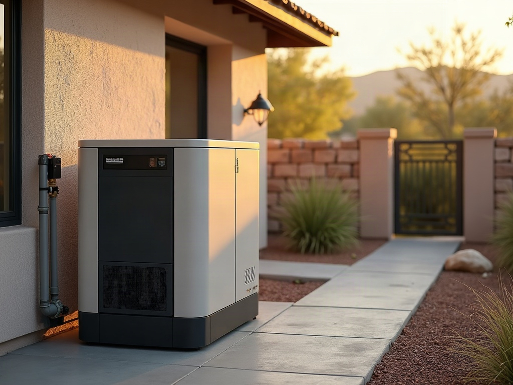 A licensed electrician inspecting a Generac generator cost installed setup on a concrete pad beside a Scottsdale stucco home with desert landscaping.