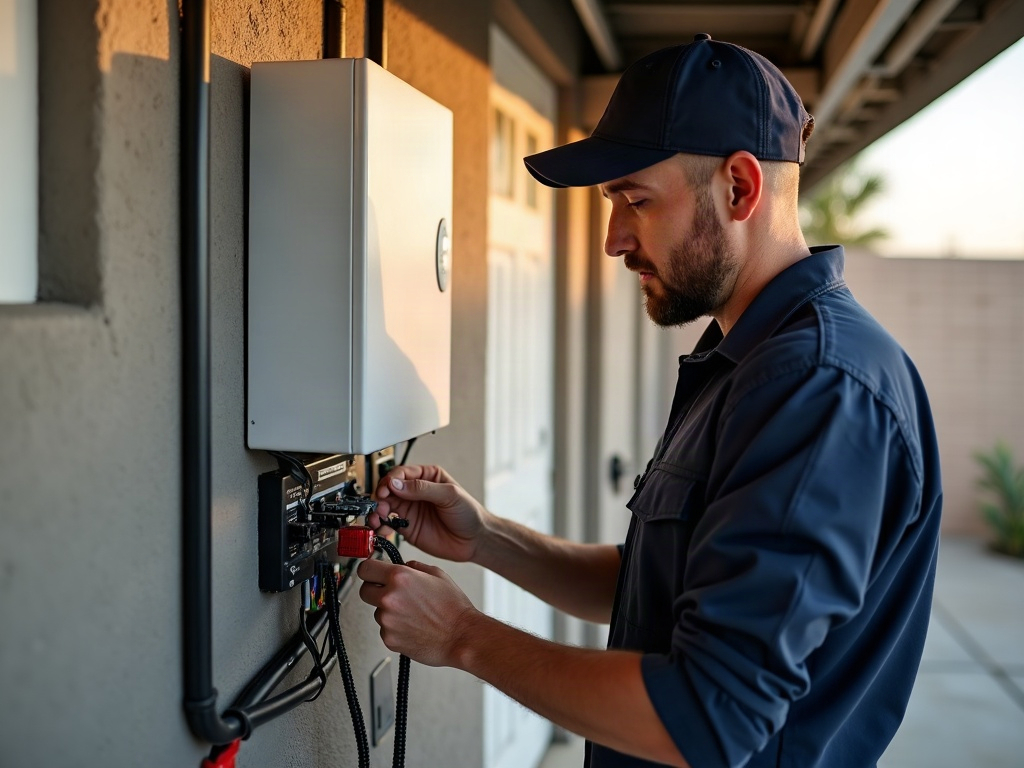 Solar Battery Backup Without a Grid Tie: How the Electrical Setup Works A licensed electrician wiring a solar battery backup without grid tie system, connecting an inverter and subpanel in a Scottsdale residential garage with organized conduit runs.