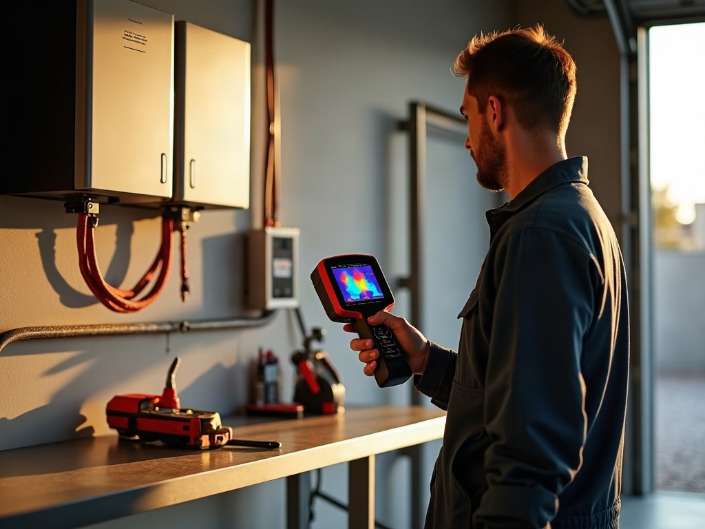 A licensed electrician wiring a solar battery backup without grid tie system, connecting an inverter and subpanel in a Scottsdale residential garage with organized conduit runs.
