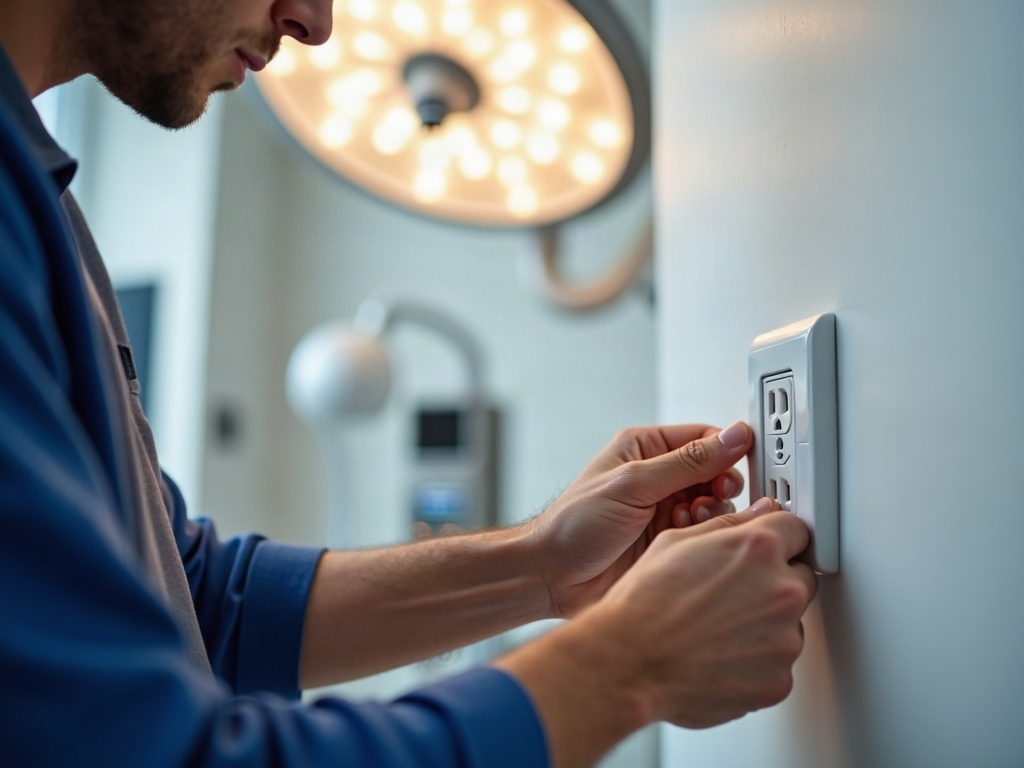 Medical Exam Room Electrical: What the Wiring Requirements Actually Look Like A licensed electrician installing dedicated medical exam room electrical receptacles inside a clean clinical exam space in Scottsdale
