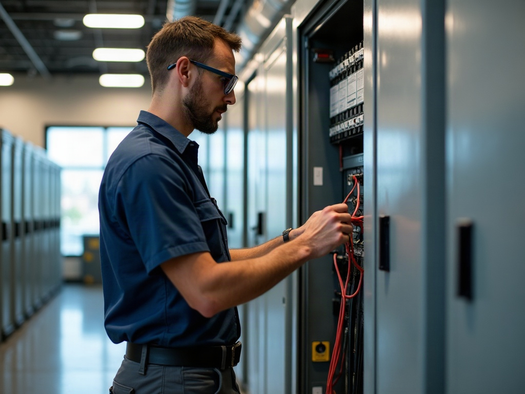 Commercial UPS Systems: What They Are and When a Business Actually Needs One Licensed electrician completing a commercial UPS system installation in a Scottsdale business electrical room, connecting battery backup hardware to a commercial panel