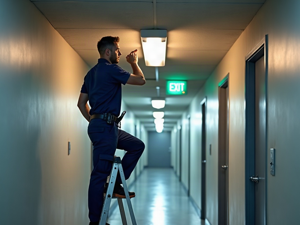 Emergency Lighting That Passes Inspection: What Code Requires in Arizona A licensed electrician performing emergency lighting installation in a commercial corridor with an illuminated exit sign visible in the background