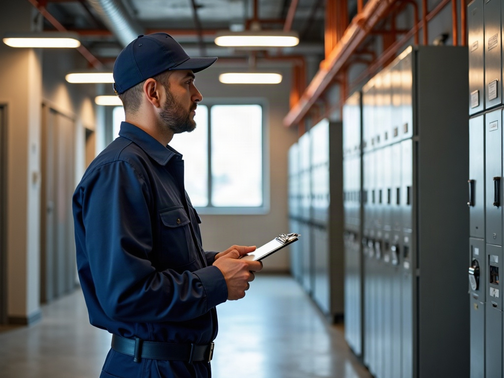 Apartment and Multi-Unit Building Electrical Upgrades: Who Manages What Licensed electrician inspecting a commercial distribution panel during an apartment building electrical upgrade inside a multi-unit utility room