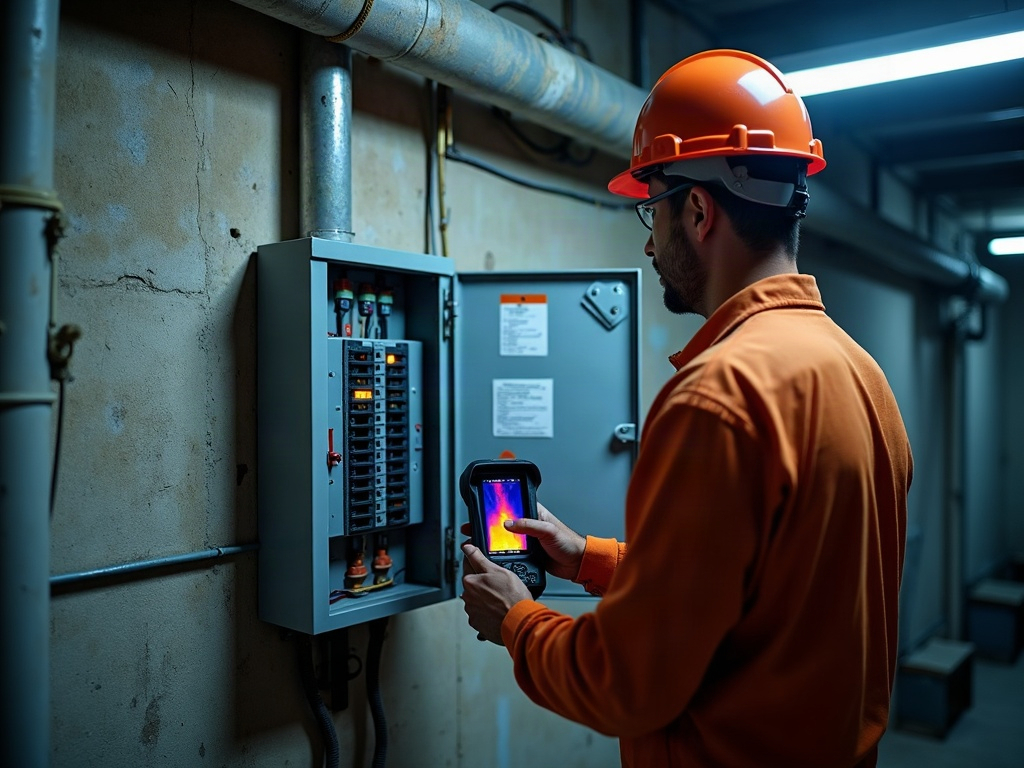 Apartment and Multi-Unit Building Electrical Upgrades: Who Manages What Licensed electrician inspecting a commercial distribution panel during an apartment building electrical upgrade inside a multi-unit utility room