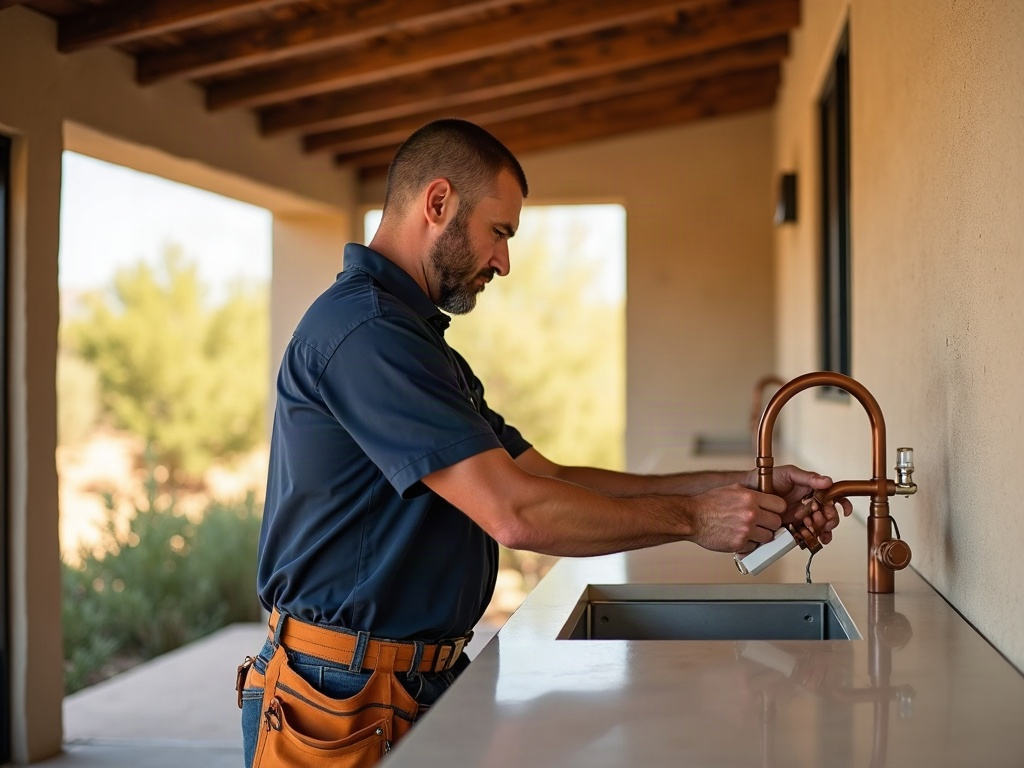 Outdoor Kitchen Electrical: What It Costs and What You Can't Skip A licensed electrician installing weatherproof GFCI outlets and conduit for the cost to install outdoor kitchen electrical in an upscale Scottsdale backyard