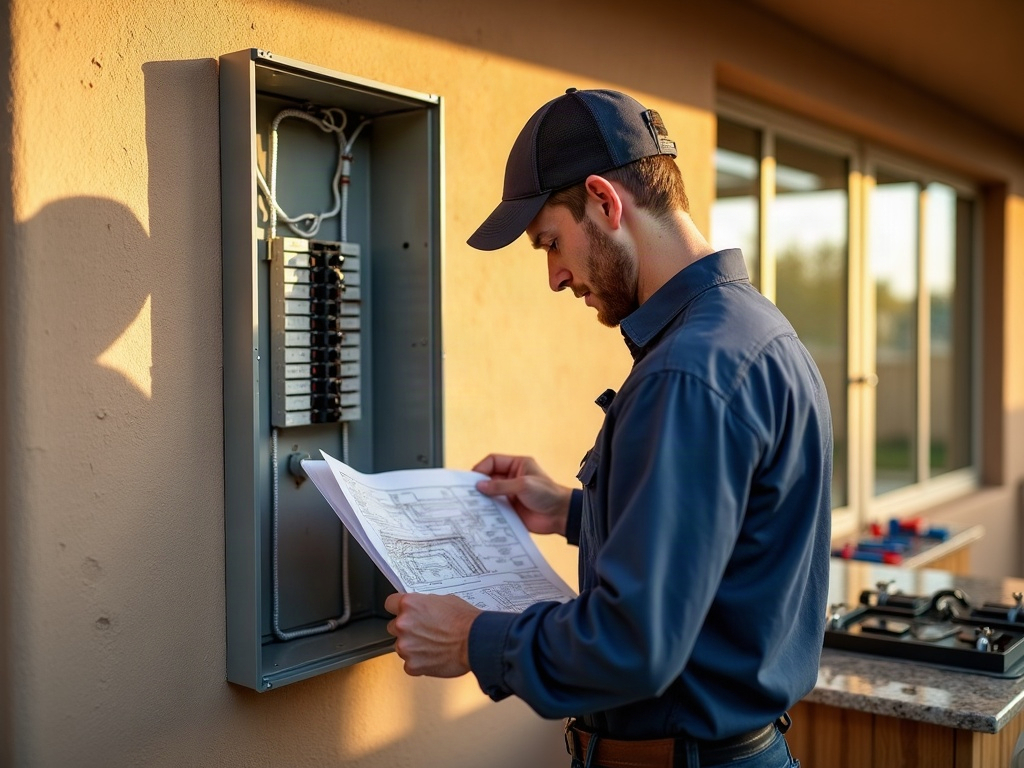 Outdoor Kitchen Electrical: What It Costs and What You Can't Skip A licensed electrician installing weatherproof GFCI outlets and conduit for the cost to install outdoor kitchen electrical in an upscale Scottsdale backyard