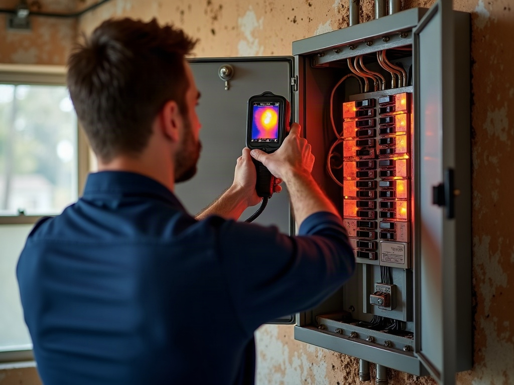 What a Thermal Imaging Scan of Your Electrical Panel Can Tell You thermal scan for hot spots in electrical panel — A licensed electrician performing a thermal scan for hot spots in an electrical panel, with the infrared camera screen showing heat signatures across multiple breakers.