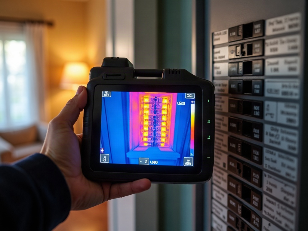 What a Thermal Imaging Scan of Your Electrical Panel Can Tell You thermal scan for hot spots in electrical panel — A licensed electrician performing a thermal scan for hot spots in an electrical panel, with the infrared camera screen showing heat signatures across multiple breakers.