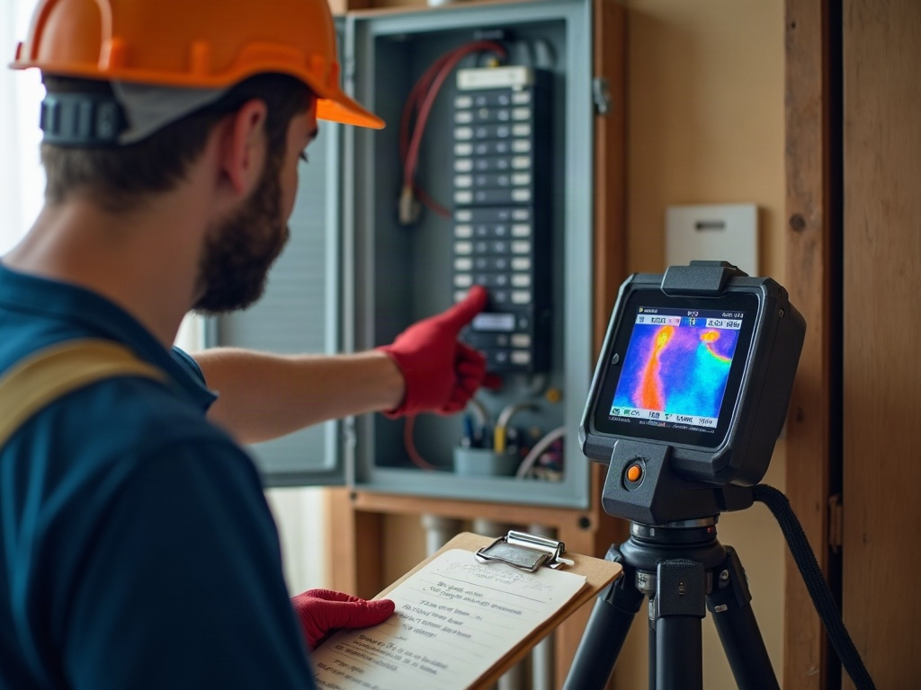 What a Thermal Imaging Scan of Your Electrical Panel Can Tell You thermal scan for hot spots in electrical panel — A licensed electrician performing a thermal scan for hot spots in an electrical panel, with the infrared camera screen showing heat signatures across multiple breakers.